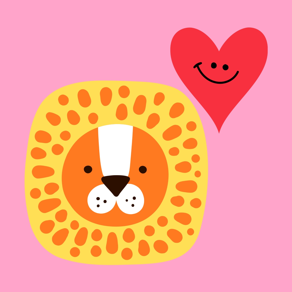 Stylised illustration of a smiling cartoon lion face with a yellow spotted mane on a pink background, beside a red heart with a smiley face.